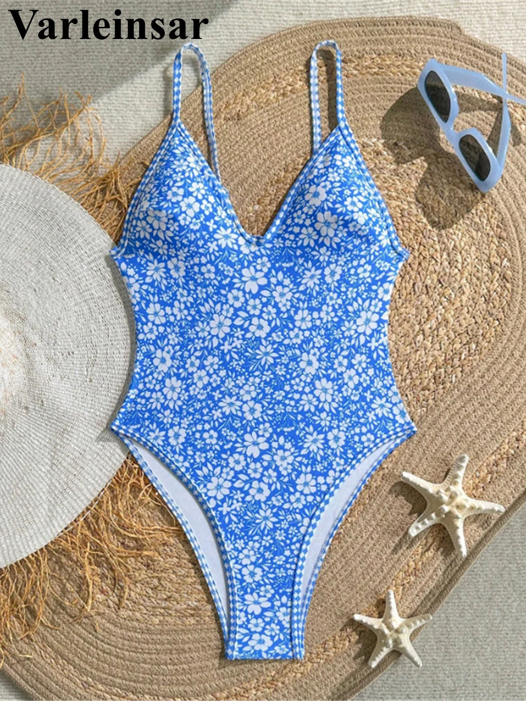S - XL Flower Floral V Neck One Piece Swimsuit Women Swimwear Female Monikini High Cut Leg Padded Bather Bathing Suit Swim V8079