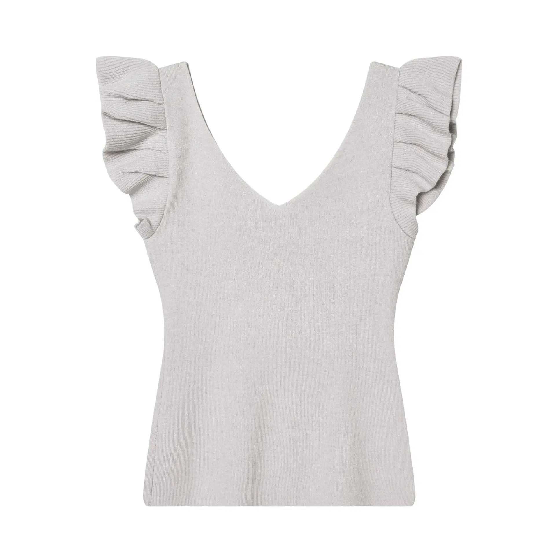 Fashionable Casual V-neck Flutter Sleeve Knit Top Women Ruffle Sleeve V Neck Knit Tank Top Sleeveless Slim Fit Casual Style C66D