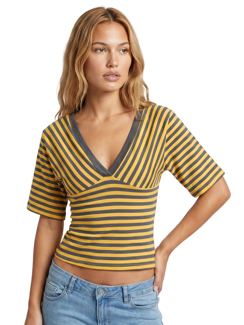 Womens Striped T-shirt Deep V Neck Short Elbow Sleeve Corset Tops 2026 Summer Casual Retro Stylish Shirts