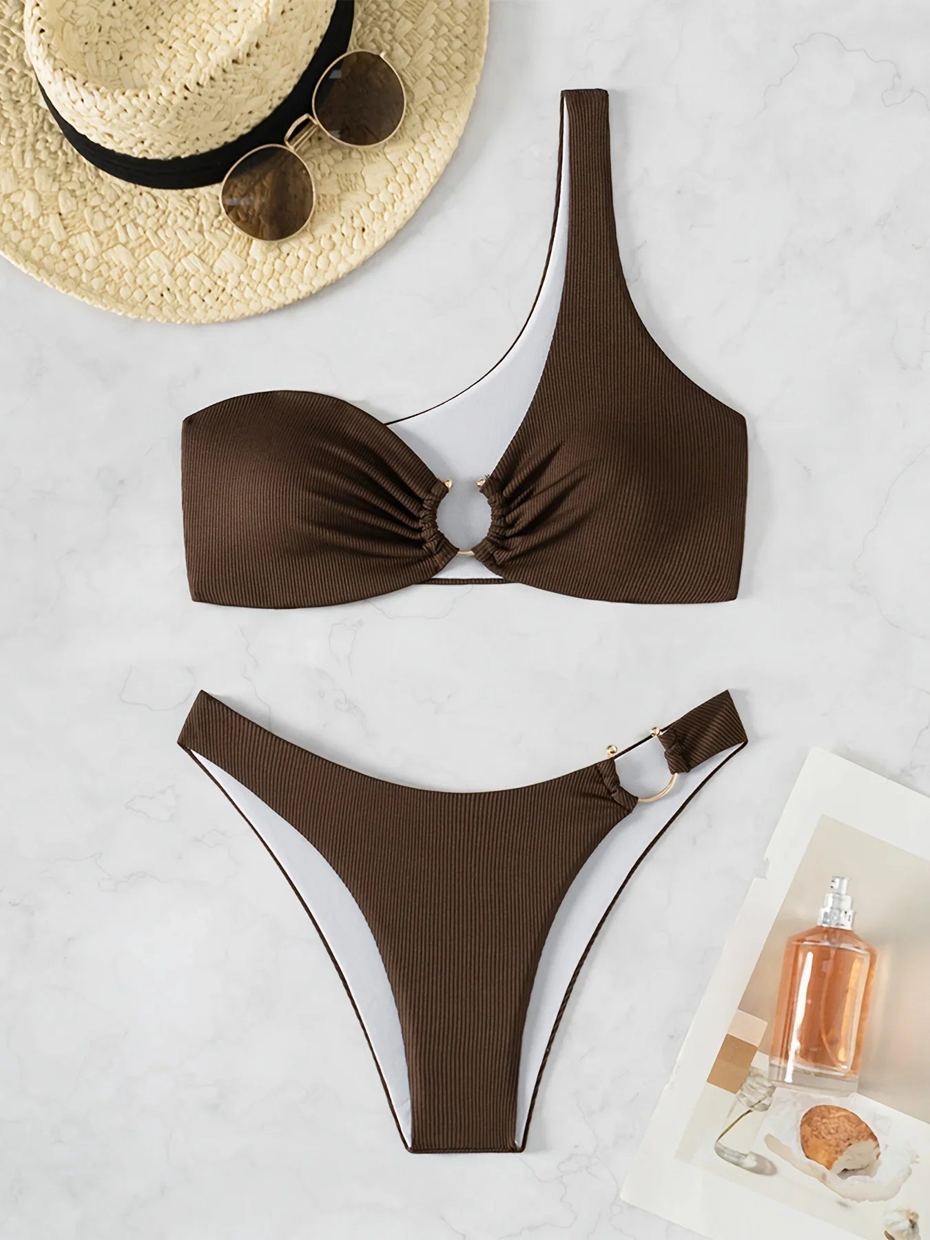ZTVitality Sexy Brown One Shoulder Bikini Set 2024 New Arrival Padded Bra Swimsuit Women's Swimwear Summer Beachwear Biquini