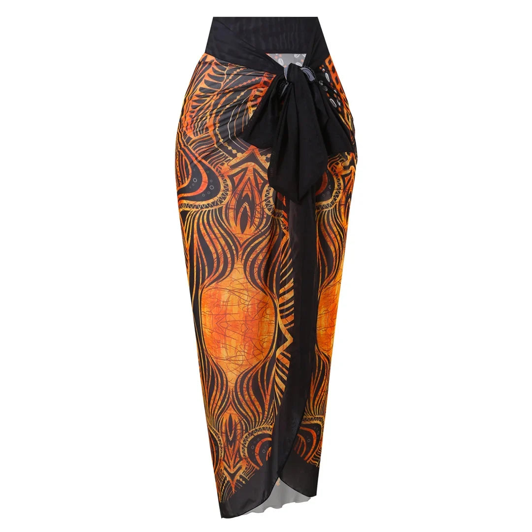S - XXL Printed Long Sleeve With Sarong One Piece Swimsuit Women Swimwear Female Flowers Padded Bather Bathing Suit Swim V7181