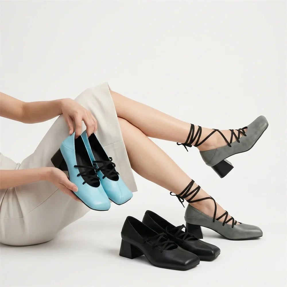 Plus Size 52 Retro Lace Up Ankle Wrap Mary Jane Heels Women Shoes Square Toe Faux Leather Chunky Block Mid Heel Vintage Pumps