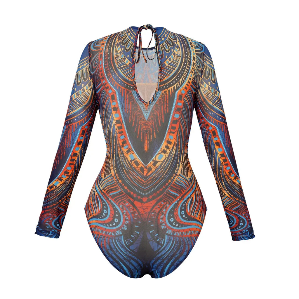 XS - XXL Printed Long Sleeve With Sarong Women Swimwear One Piece Swimsuit Female High Leg Cut Bather Bathing Suit Swim V7136