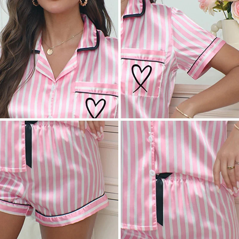 Ladies' Summer Striped Embroidered Love Victoria Style Pajama Set Short Sleeve Top Short Pants Casual  Two Piece Home Clothing