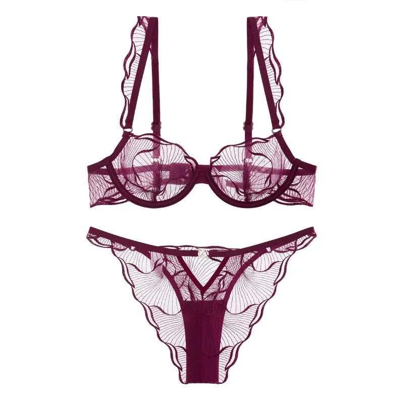 Sexy French Minimizer Bra Ultra Thin Embroidery Lace Large Bust Full Coverage Wireless Lingerie Set CA Delivery MOYISU 32-38-ABC