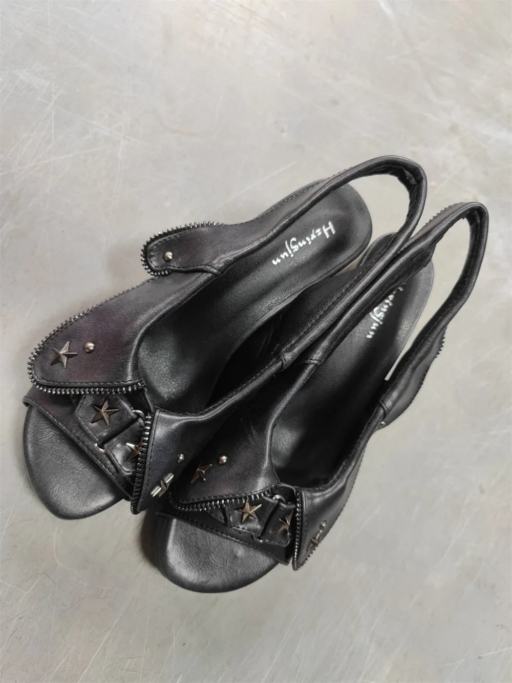 Brand New Women's Y2K Star Rivet Platform Sandals 2000's Peep Toe Slingback Chunky Heel Distressed Denim High Heeled Shoes