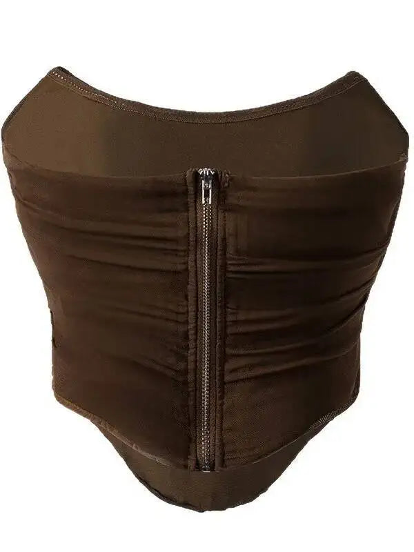 Brown Shaping Fishbone Tube Top Women's Vest Sexy High Waist Slim Fit Fashion Non-Slip Strip Zipper Bustier Bra Solid Color 2C92