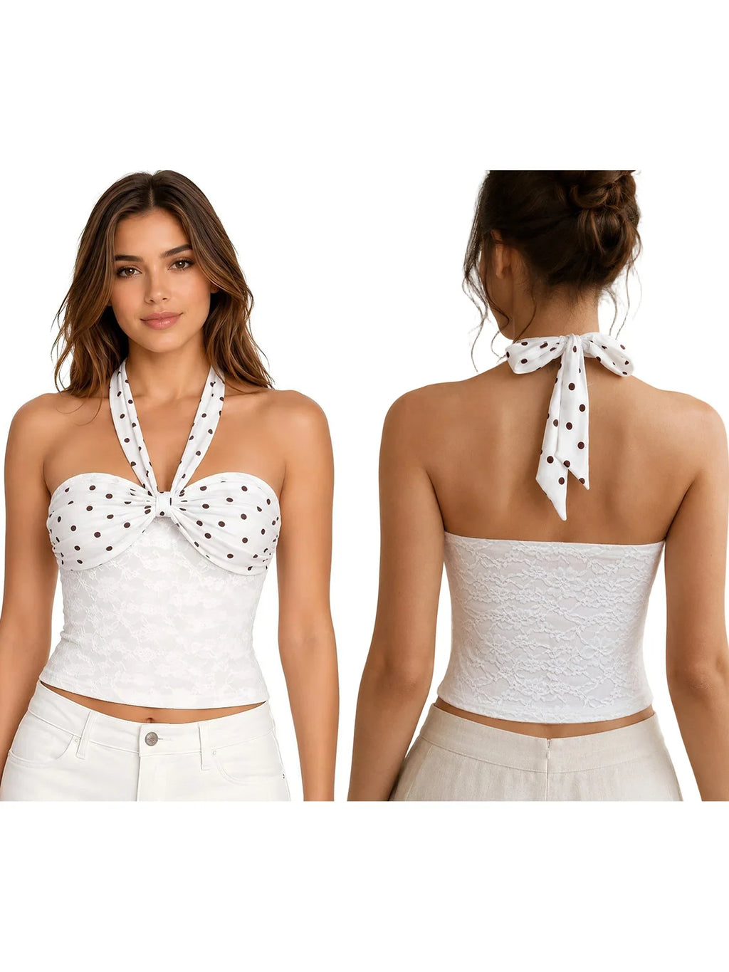 Women Lace Halter Neck Crop Tops Slim Fit Dot Print Sleeveless Open Back Vest Stylish Summer Streetwear