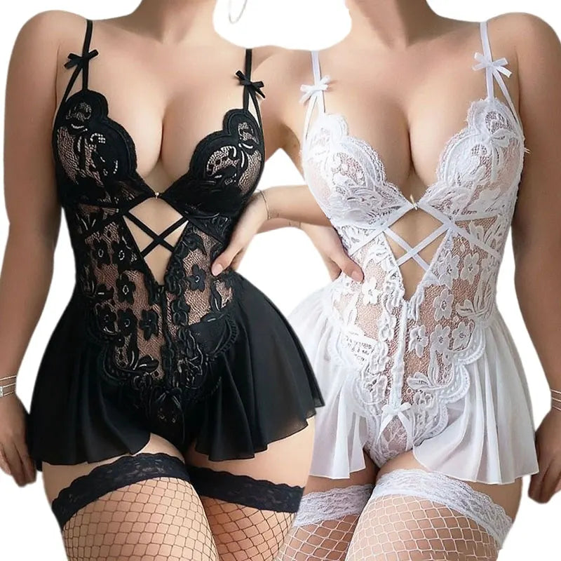 Bold Crotchless Underwear Set Lace See-through Bra One-Piece Underpants With Thigh Stockings Intimate Lingerie Delicate Bodysuit