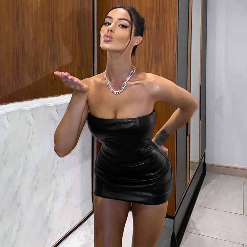 Women's Summer Sexy Tube Top Leather Dress Party Strapless Bodycon Pu Leather Slim Package Hip Mini Dress Trendy Streetwear 2024