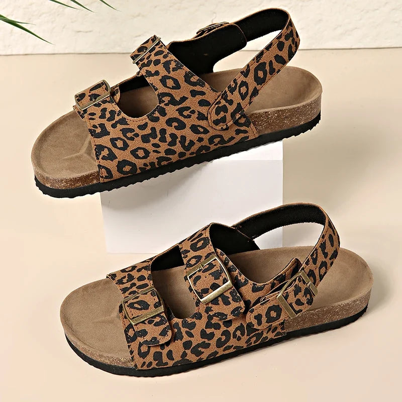 Fashion Bukcle Leopard Print Sandals Women 2025 Summer Back Strap Platform Sandles Woman Comfortable Plus Size Beach Sandalias