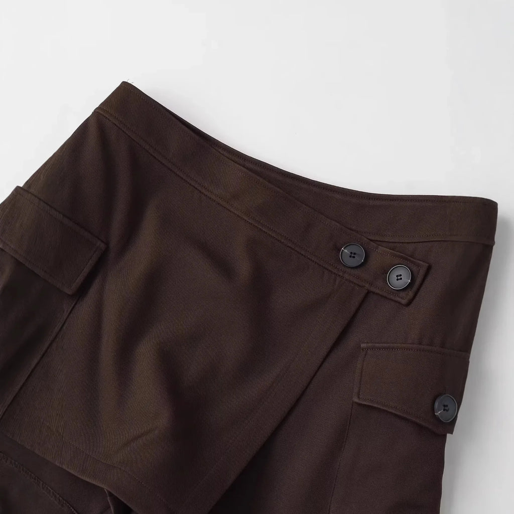 Women's Workwear Skirt-pants Dark Brown Wrap Design Cargo Skort With Pockets For Women High Waist Summer Shorts Elegant 56S3