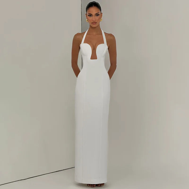 FDYOUI Elegant Chic Halter Hollow Out Bodycon Evening Dress for Women 2026 Summer Backless Sleeveless Long Wedding Party Dresses