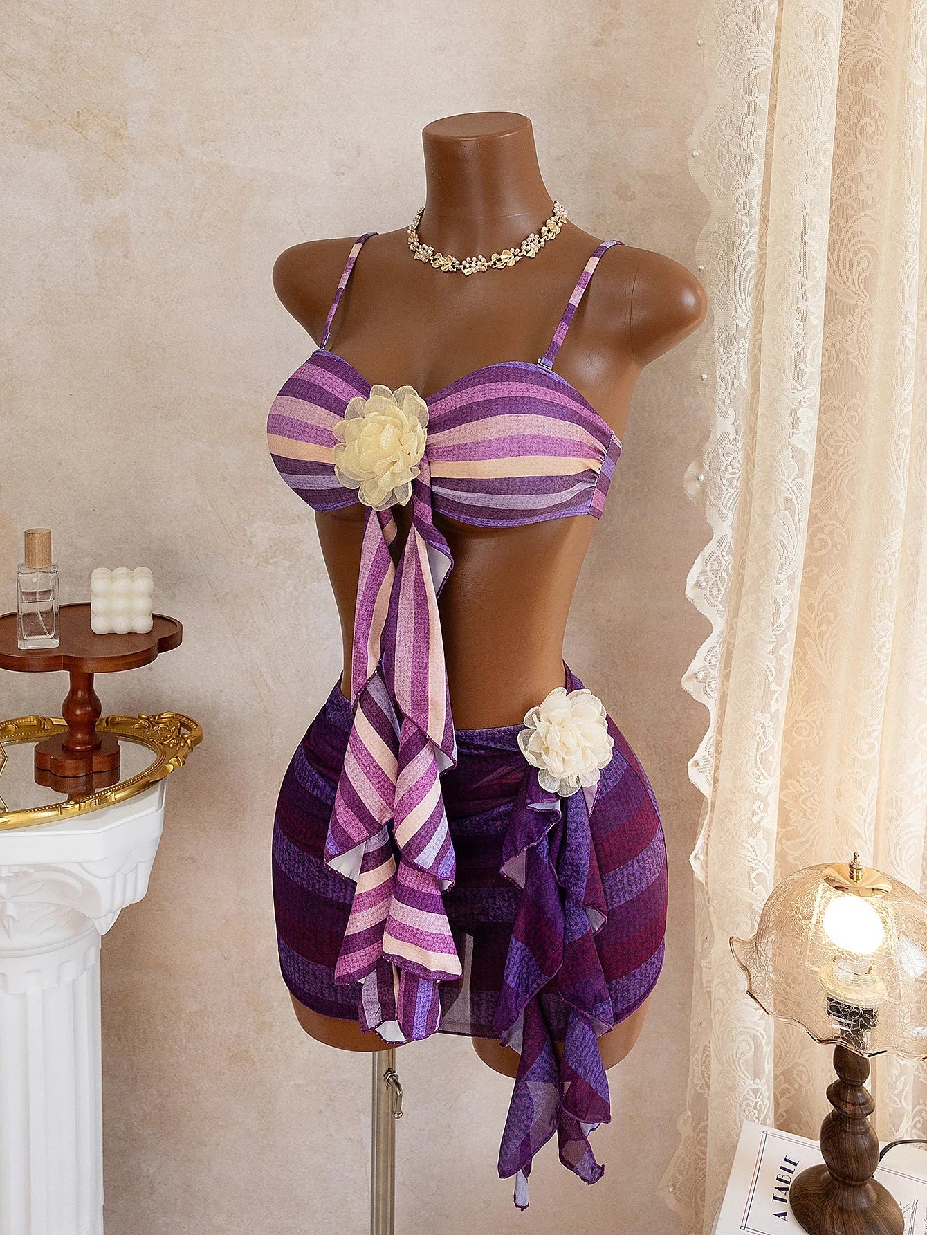 Sexy 3D Floral Bikini Set Women Purple Striped Pleate Push Up Bra Skirt 3 Piece Swimsuit Beach Bathing Suit Vacation Swimwear