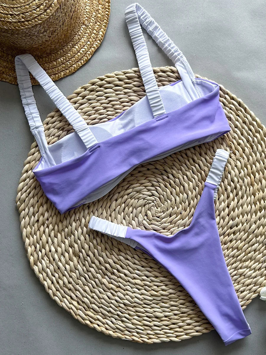 Splicing Micro Thong Bikini Women Bandeau Swimwear Female Swimsuit Two-pieces Bikini Set High Cut Bather Bathing Suit Swim Lady
