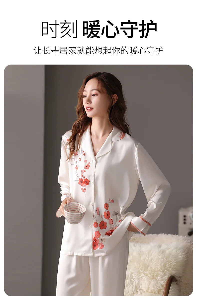 Mother's Day gifts for spring and summer high-quality pajamas, plum blossom white ice silk pajamas, women's summer home wear