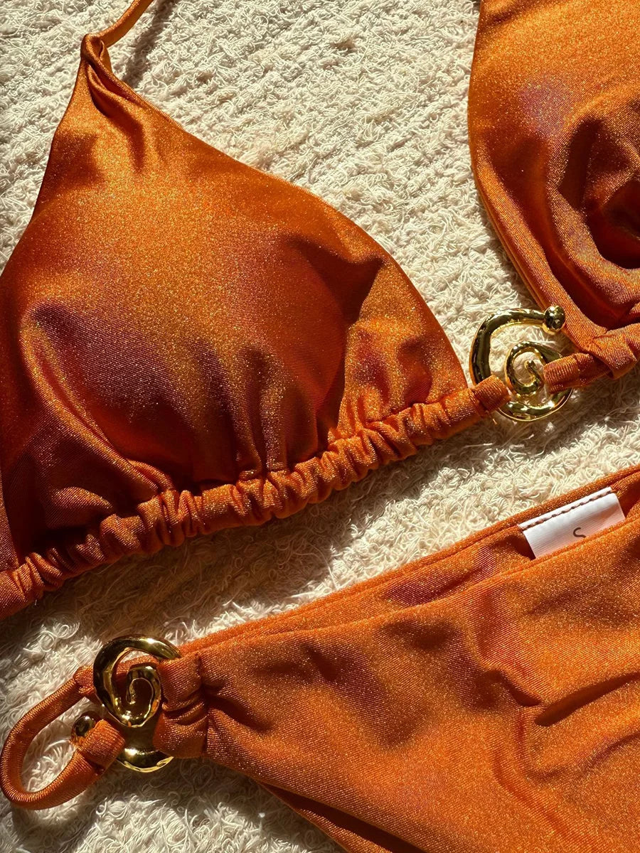 Shiny Sparkling Halter Metal Ring Bikini Women Swimwear Female Swimsuit Two-pieces Bikini Set Brazilian Bather Bathing Suit Swim