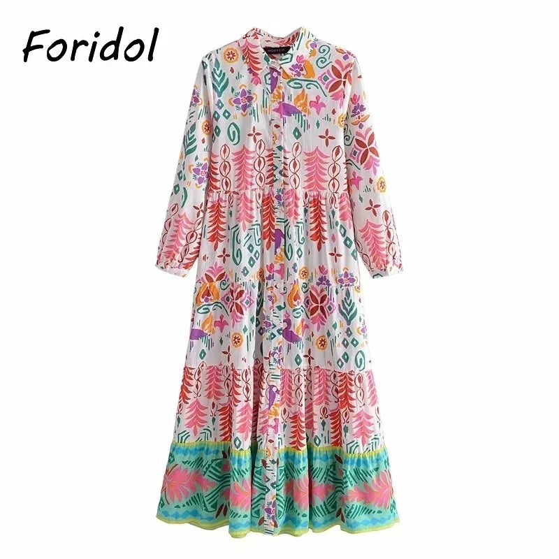 Foridol Floral Print Casual Boho Shirt Dress Maxi Long Autumn Winter Long Sleeve Dress Vestidos 2025 Button Up Dress