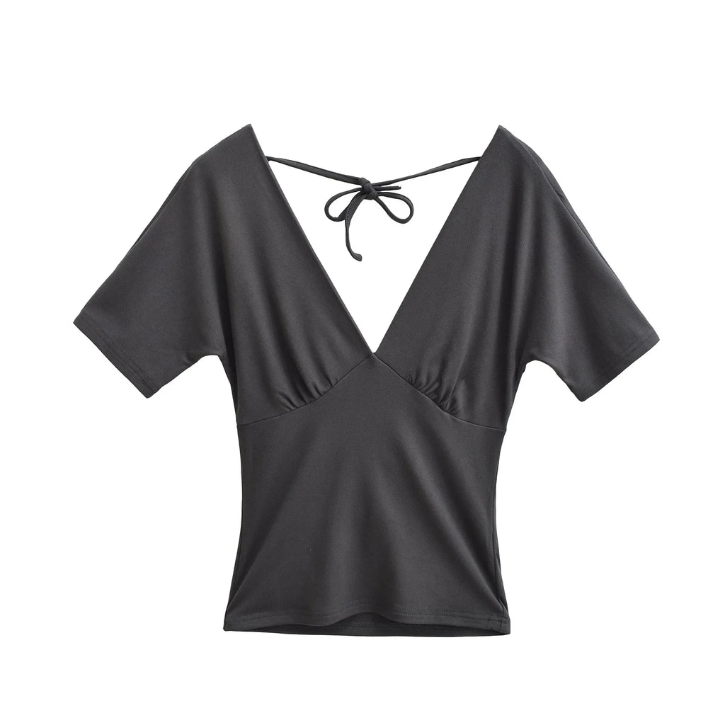 Spring Korean Slim Fit Deep V Neck Tie-Up Clean Face Crop Top Short Sleeve Pullover T-Shirt Base Shirt Solid Color Fashion RM7O
