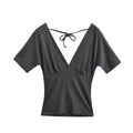 Spring Korean Slim Fit Deep V Neck Tie-Up Clean Face Crop Top Short Sleeve Pullover T-Shirt Base Shirt Solid Color Fashion RM7O