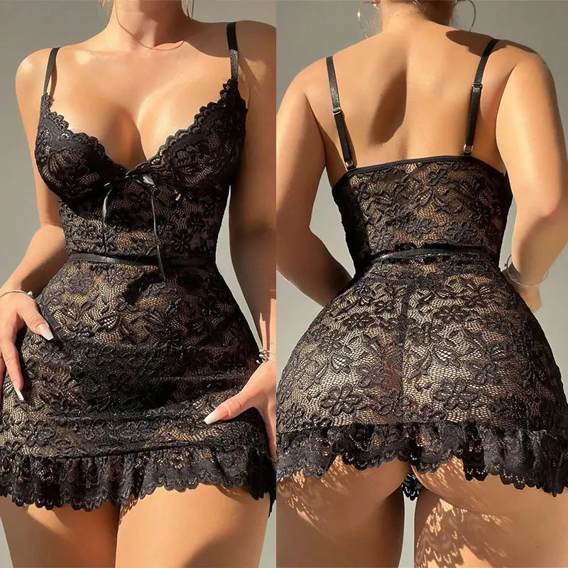Lace Splicing Perspective Sexy Lingerie Set Erotic Crotchless Sleepwear Pajamas Set Lace Night Dress Nightgown G-string