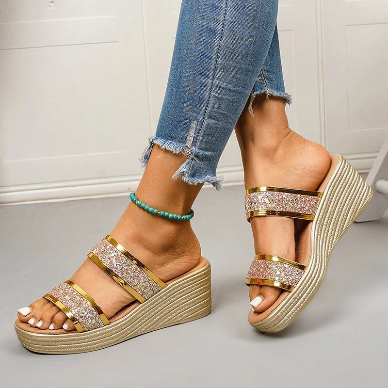 Shiny Sequin Wedge High Heels Sandals Women Plus Size Gold Chunky Platform Slippers Woman Lightweight Thick Sole Summer Sandles