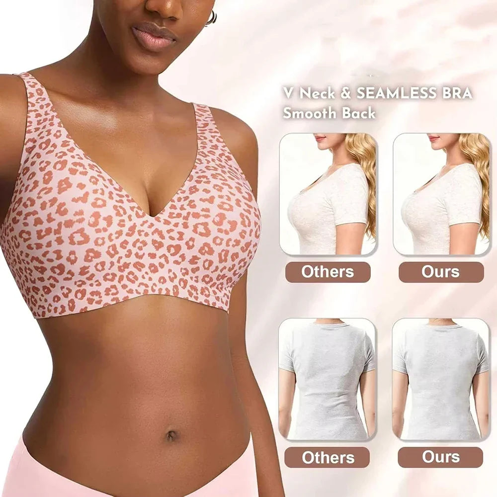 Pink Leopard Deep V Jelly Bras Wireless Comfortable Bra Supportive No Underwire Bras Tshirt Push Up Bralette Plunge Seamless Bra