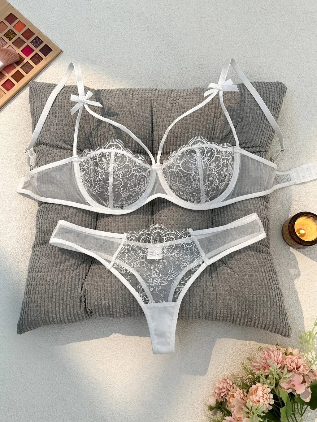 White French-style floral embroidery lace lingerie set, sexy mesh sheer cup support, Valentine's Day party ZA824057