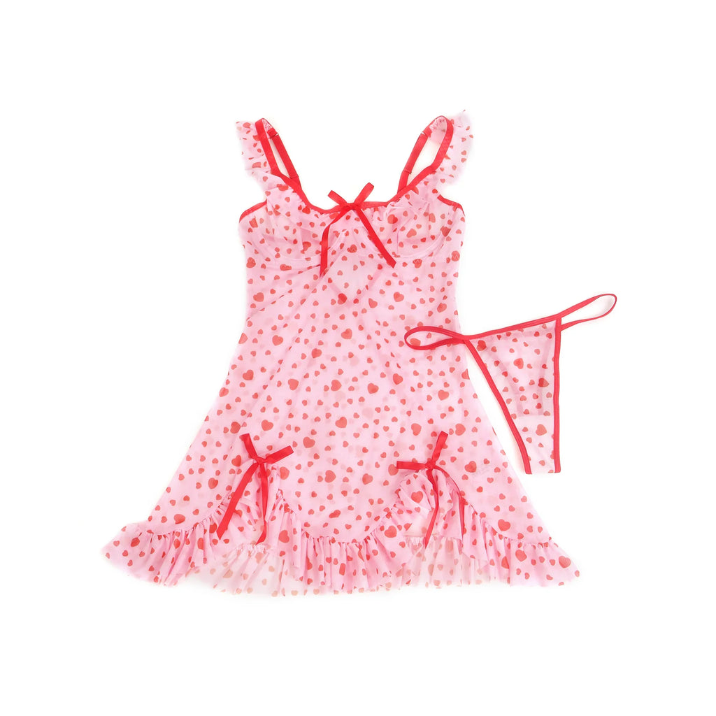 Pink Heart Print Mesh Nightdress for Women Lace Trim See Through Push Up Underwire Chemise with Panties Plus Size M-3XL
