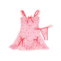 Pink Heart Print Mesh Nightdress for Women Lace Trim See Through Push Up Underwire Chemise with Panties Plus Size M-3XL