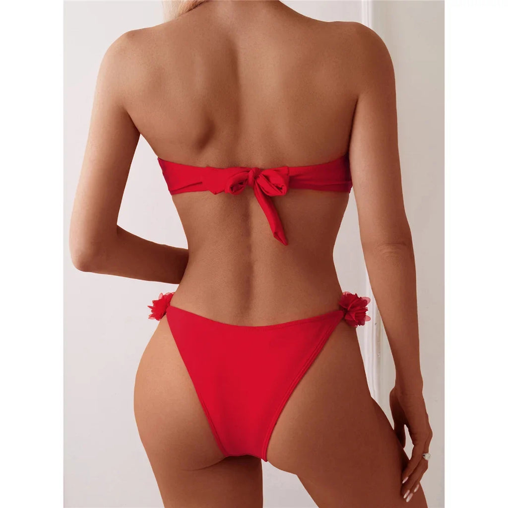 XS - L 3D Flowers Bandeau High Cut Bikini Women Swimwear Female Swimsuit Two-Pieces Bikini Set Bather Bathing Suit Swim V5961