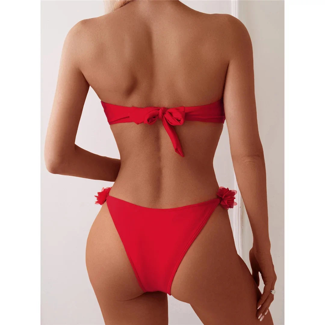 XS - L 3D Flowers Bandeau High Cut Bikini Women Swimwear Female Swimsuit Two-Pieces Bikini Set Bather Bathing Suit Swim V5961