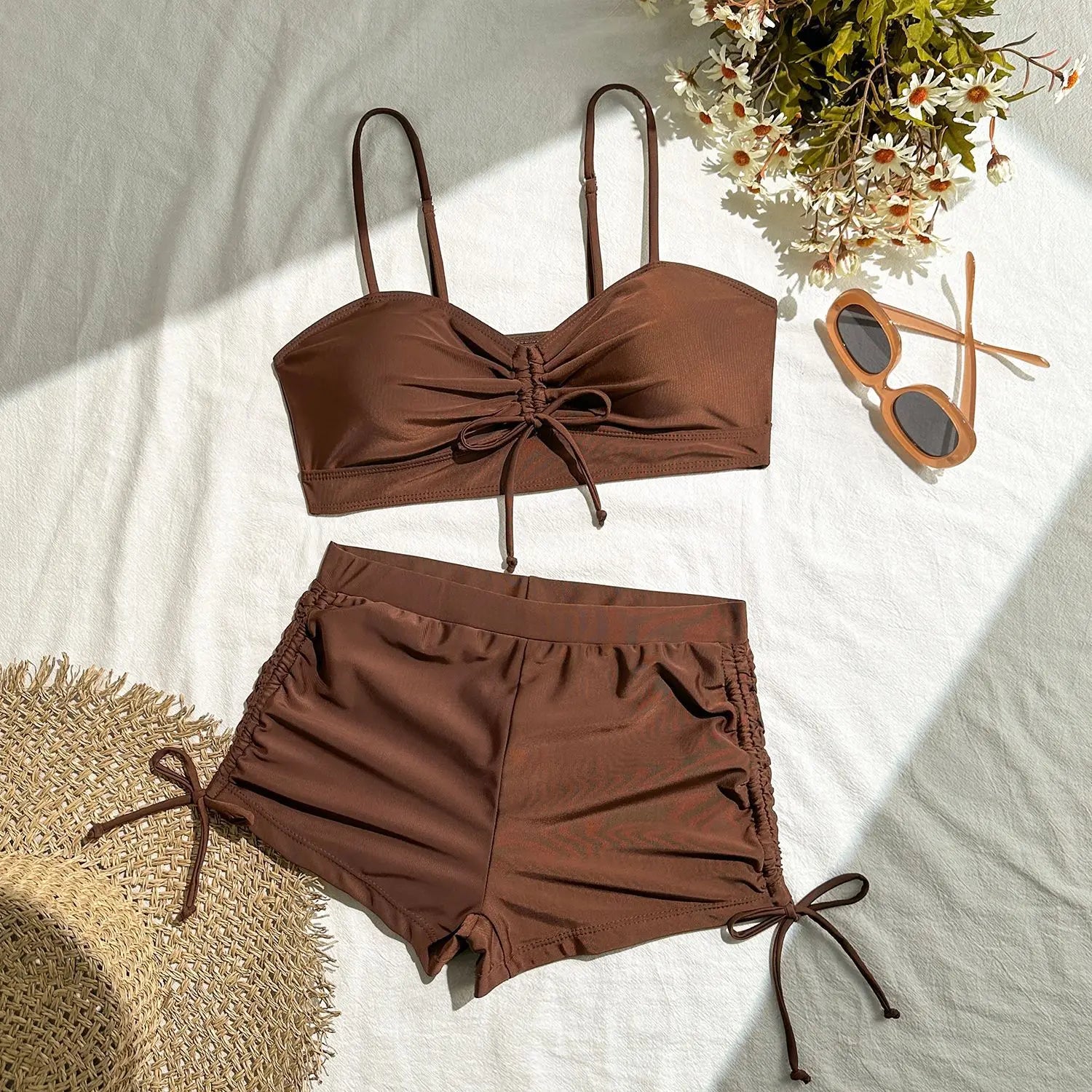 Wrinkled Knotted Shorts High Waist Bikini Female Swimsuit Women Swimwear Two-pieces Bikini Set Tankini Bathing Suit Swim Beach