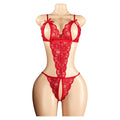 Sexy Red Crotchless Lingerie Open Back Bras BodySuits Transparent Erotic Costumes Deep V  Sexy Lace Fishnet Hollow Underwear Set