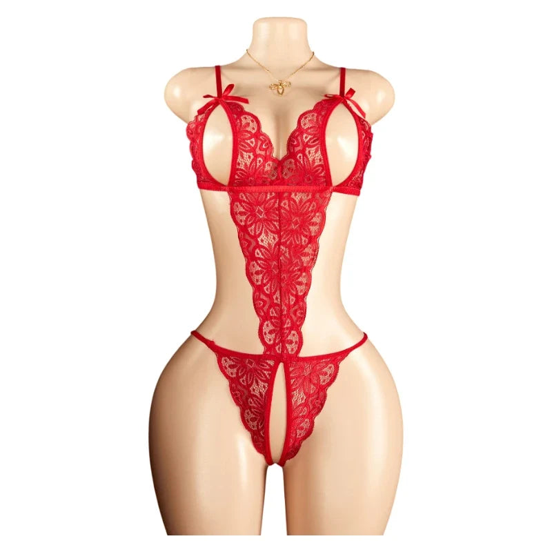 Sexy Red Crotchless Lingerie Open Back Bras BodySuits Transparent Erotic Costumes Deep V  Sexy Lace Fishnet Hollow Underwear Set
