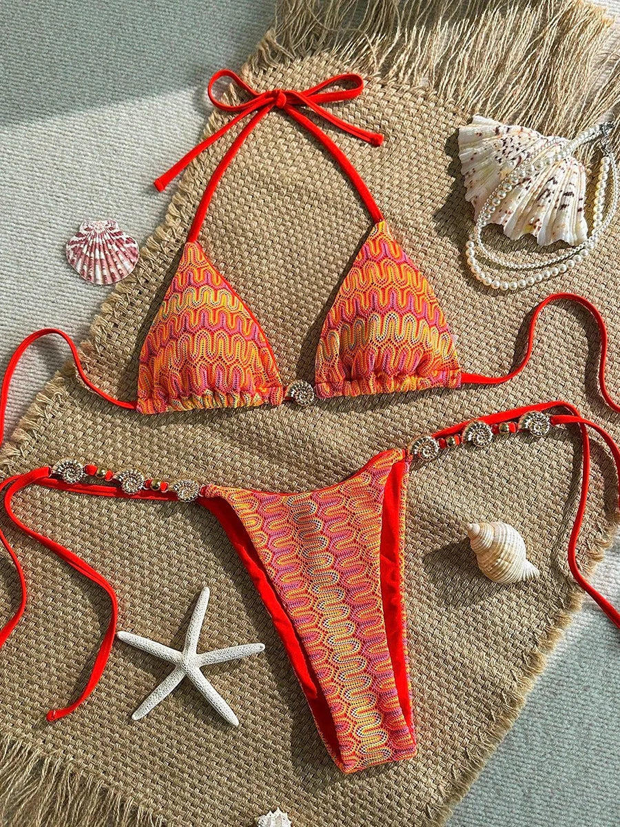2026 Printed Mesh Halter Bikini Women Swimsuit Female Swimwear Two Pieces Bikini Set High Cut Bather Bathing Suit Swim Beachwear
