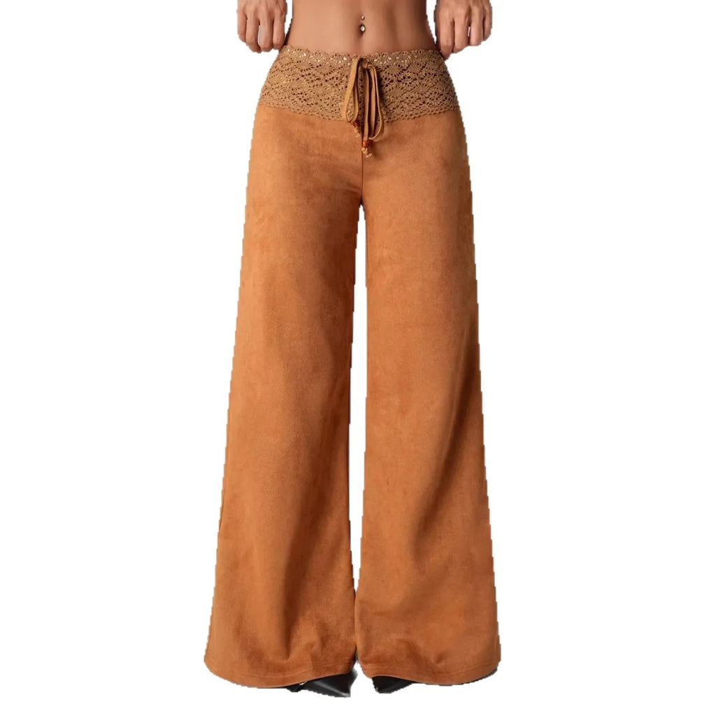 2026 New Women Elegant Solid Color Lace Trim High Waist Wide Leg Pants Casual Loose Palazzo Trousers