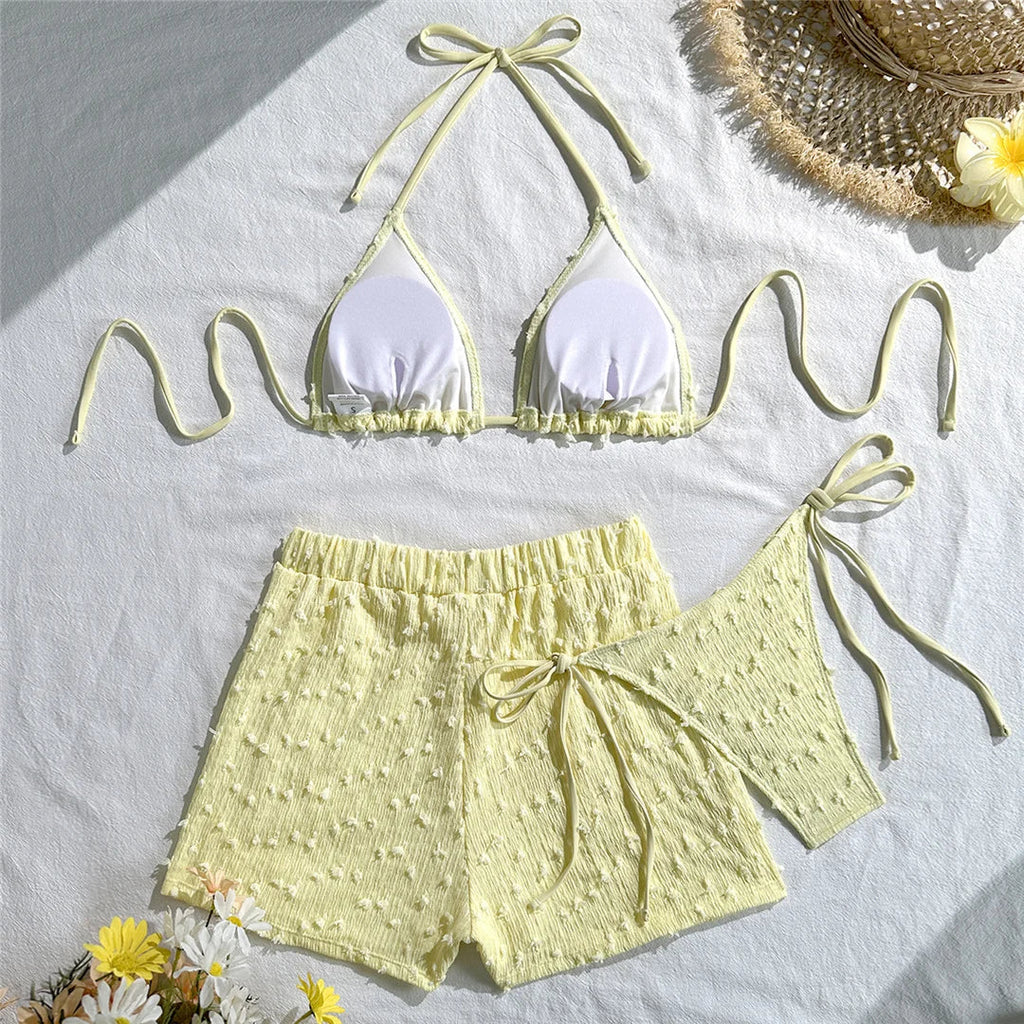 4 Colors Sexy Halter Bikini Female Swimsuit Three-pieces Bikini set With Shorts Women Swimwear Bather Bathing Suit Swim V7843W