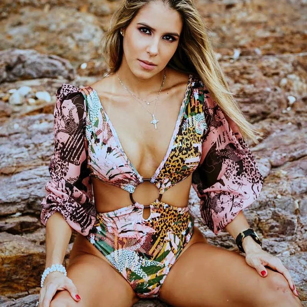 One Piece Swimsuit Sexy Long Sleeve Tropical Print Swimwear Women Bandage Monokini Hollow Out Bathing Suit String Beachwear 2023