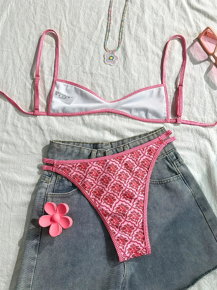 XS - XL Flowers Printed High Cut Bikini Women Swimsuit Female Swimwear Two-pieces Bikini Set Bather Bathing Suit Swim Beachwear
