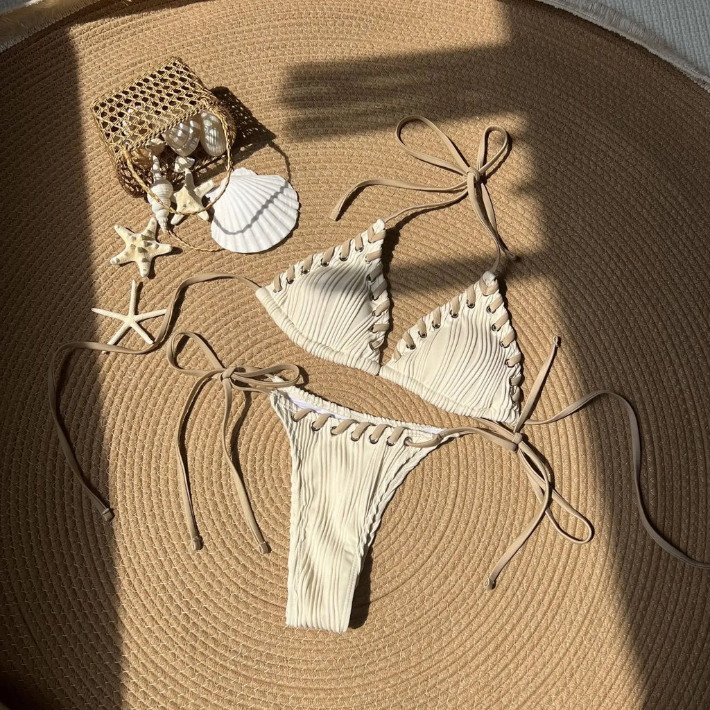 2025 Halter Wrinkled Weaved Bikini Women Swimwear Female Swimsuit Two Pieces Bikini Set Brazilian Bathing Suit Swim Beach Wear