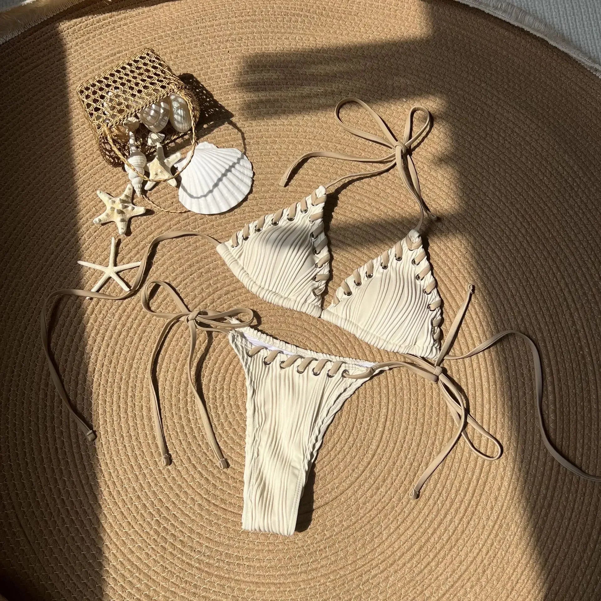 2025 Halter Wrinkled Weaved Bikini Women Swimwear Female Swimsuit Two Pieces Bikini Set Brazilian Bathing Suit Swim Beach Wear