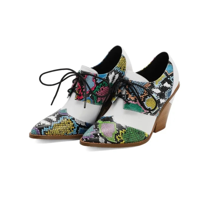 Snake Print Pumps Women Lace Up Brogue Shoes Pointed Toe Wedge Heels Deep Mouth Plus Size 40 41 42