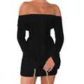 Women Off Shoulder Mini Dress Flare Long Sleeve Lace Flower Bodycon Short Dress for Holiday Daily Club Sexy Dresses