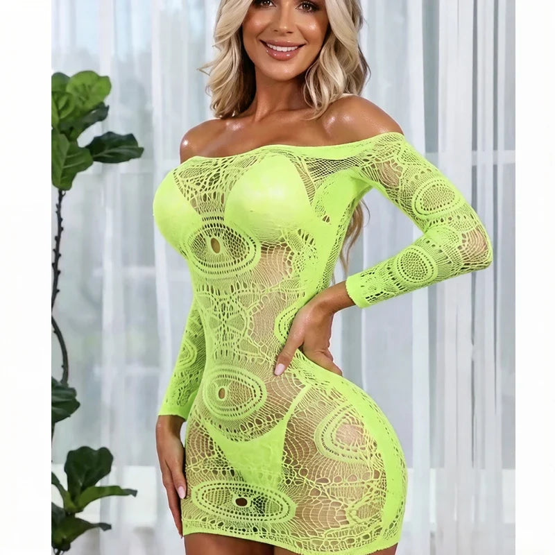 1 PC Women Sheer Mesh Long Sleeve Beach Cover Up Sexy See-Through Fishnet Bodycon Dress for Summer No Bikini Included