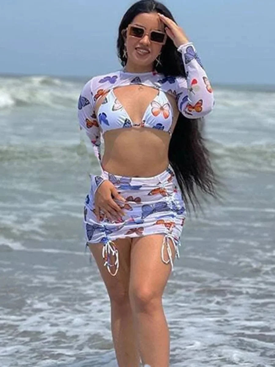 Long Sleeve Printed Halter Bikini Female Swimsuit Women Swimwear Four-pieces Bikini Set with Mesh Skirt Bathing Suit Beach Wear