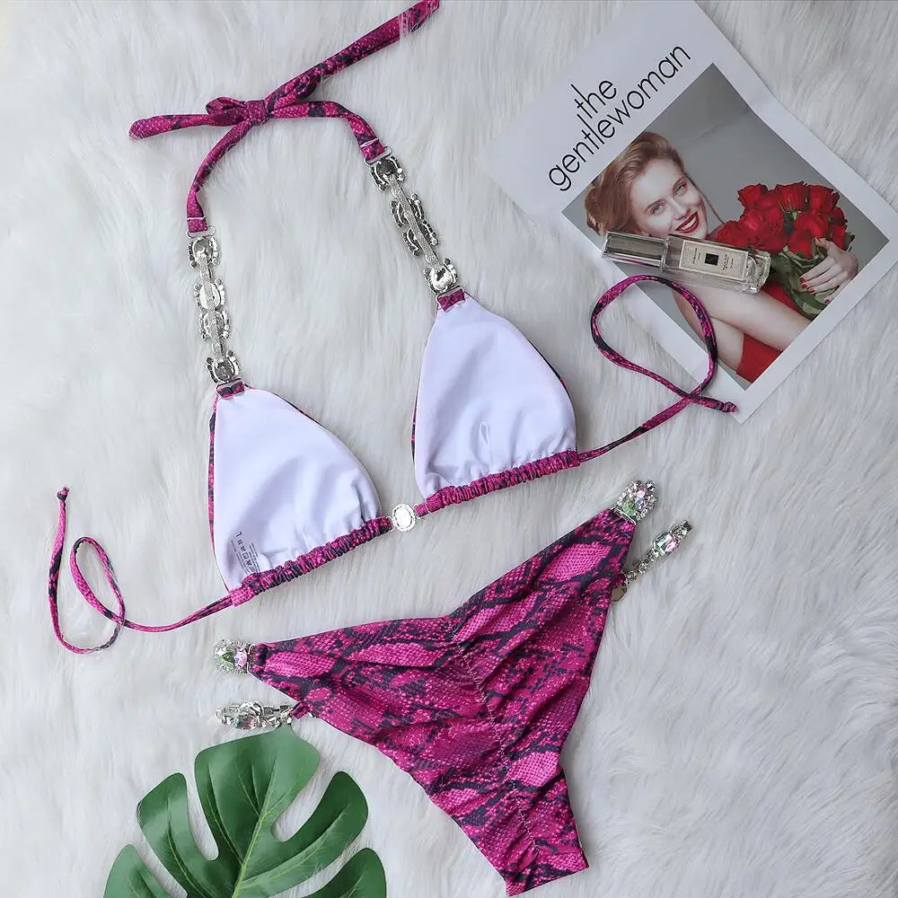 Snake Printed Halter Rhinestone Diamond Bikini Women Swimwear Female Swimsuit Two-pieces Bikini Set Brazilian Bathing Suit Swim