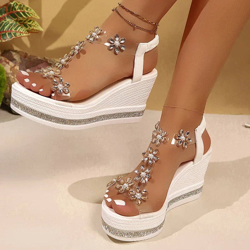 Elegant Rhinestones Flowers Sandals Women Fashion Crystal Chunky Platform Sandles Woman Slip On Wedge High Heels Sandalias Mujer