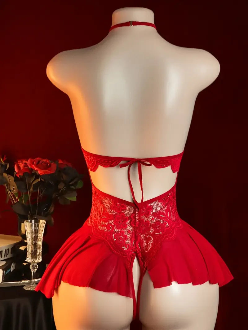 Women's Lingerie Sexy Lace Flower Print Semi Transparent Deep V-neck Hanging Neck Unobstructed Adult Style One-piece Dress