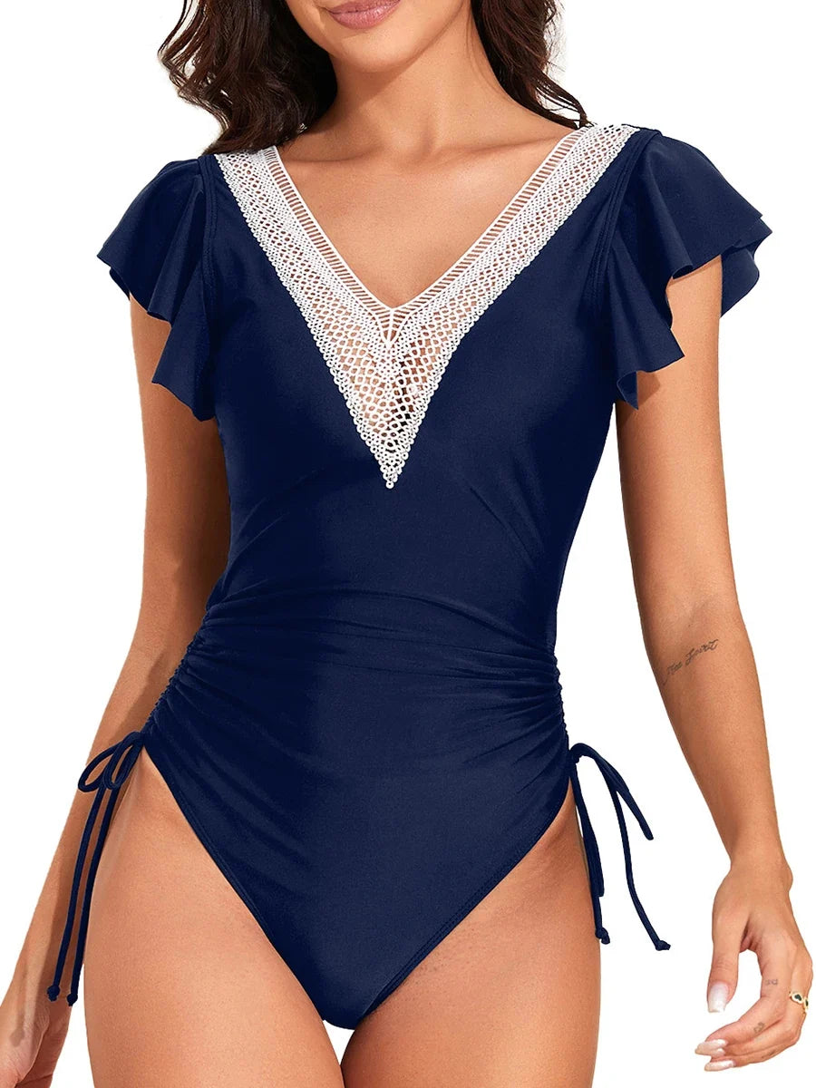 2026 Crochet Drawstring One Piece Swimsuit Women Sexy Ruffle Swimwear Female Solid Bathers Bathing Swimming Swim Suit Beachwear